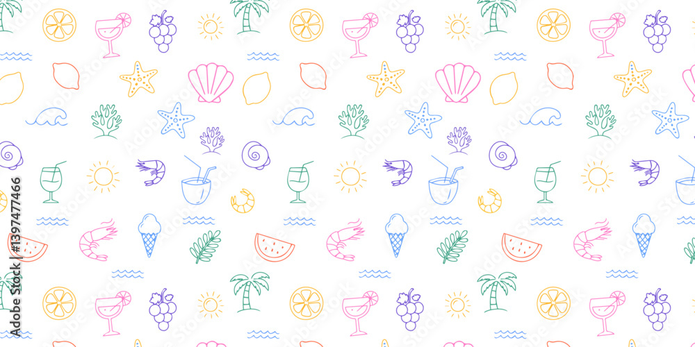 Colorful summer doodle seamless pattern background with cute tropical icons palm tree, lemon, shell, cocktail, starfish, sun, wave, ice cream multicolor line art Colorful summer doodle seamless pattern background with cute tropical icons palm tree, lemon, shell, cocktail, starfish, sun, wave, ice cream multicolor line art