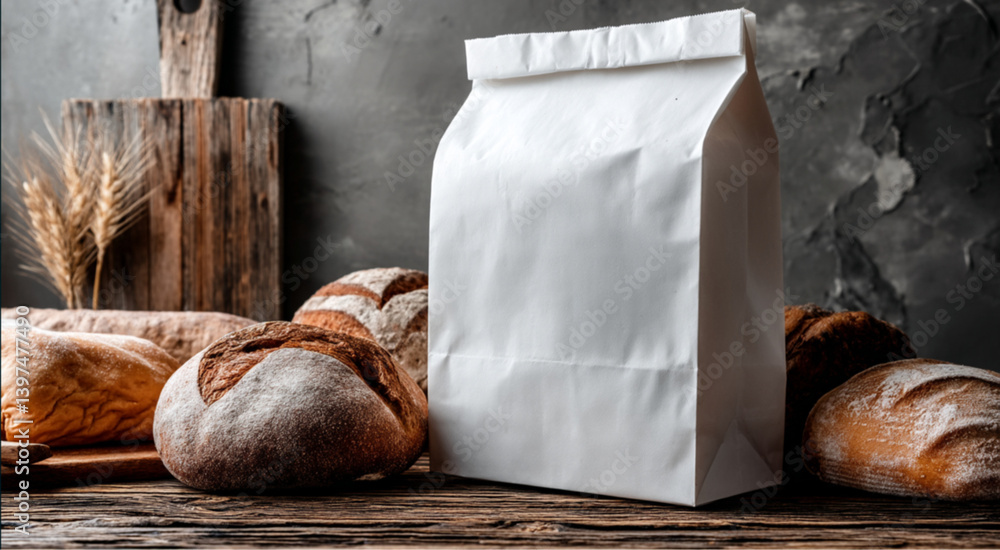 Mockup of a blank white takeaway paper bag on a wooden counter in a rustic bakery setting. Freshly baked bread loaves are placed alongside with copy space