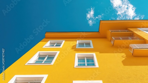 Vibrant Yellow Modern Building Against Clear Blue Sky with Symmetrical White Windows in an Urban Setting and Low Angle Perspective Architecture