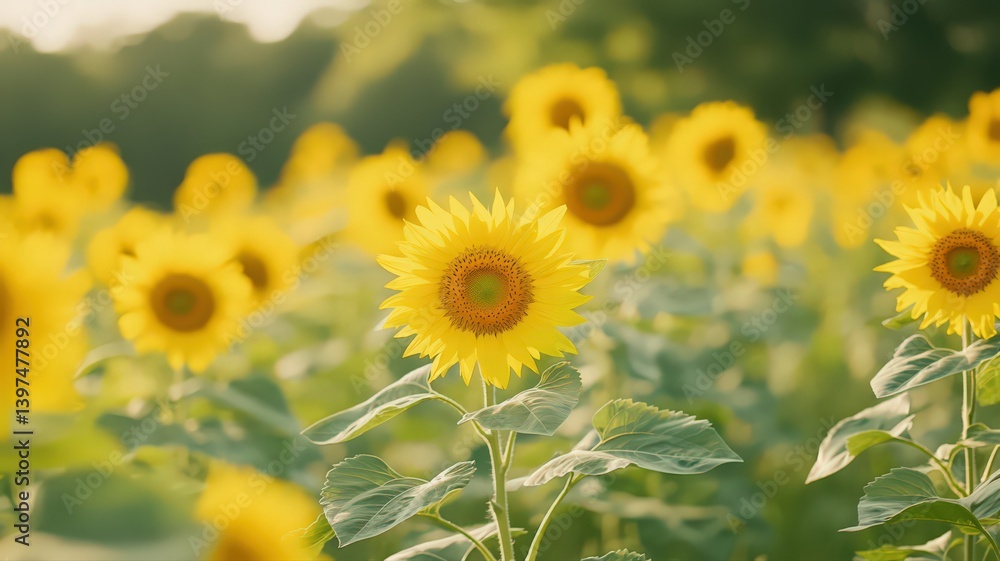 Vibrant Yellow Sunflowers in a Summer Field at Sunset