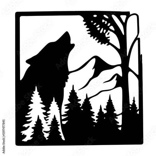 Majestic Wolf Howling at the Mountains in a Silhouetted Forest Scene Framed by a Square Border