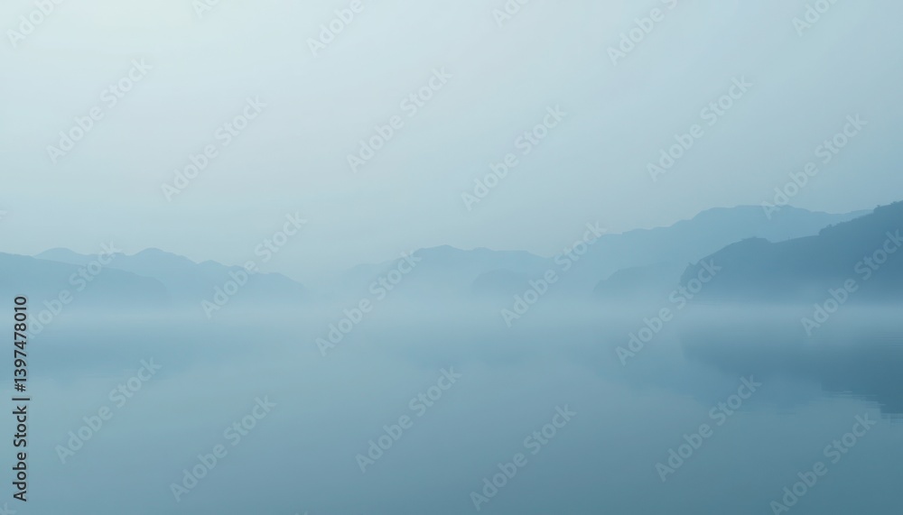 Obraz premium Tranquil misty morning over a serene lake nature landscape calm waters panoramic view peaceful atmosphere for relaxation and reflection