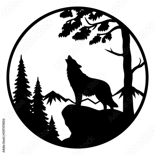 Majestic Wolf Howling at the Moon in a Mountainous Forest Silhouette
