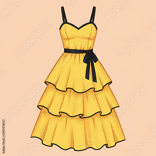 Elegant Yellow Tiered Dress Fashion Illustration Design Summer Outfit art cute gold style woman     