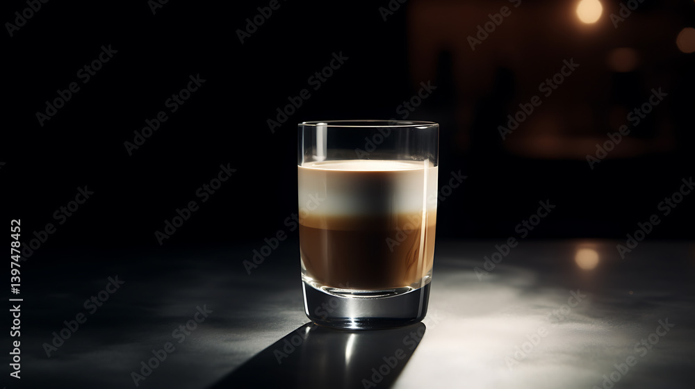 Macchiato in a clear glass, strong espresso topped with fresh milk Macchiato in a clear glass, strong espresso topped with fresh milk