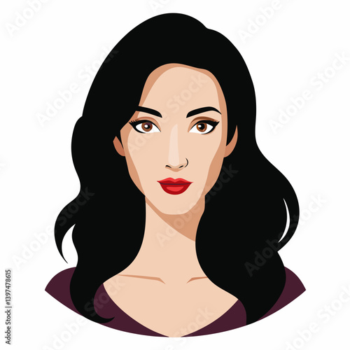 portrait, woman, lady, girl, black hair, red lips, white background, face, hair, beauty, vector, illustration, fashion, head, lips, art, eyes, style, glamour, person, eye, people, cartoon, hairstyle, 