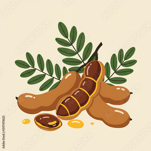 Fresh Sweet Tamarind Fruit with Green Leaves Illustration art food ripe plant brown juicy image     