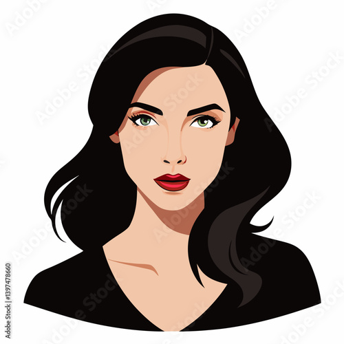 portrait, woman, lady, girl, black hair, red lips, white background, face, hair, beauty, vector, illustration, fashion, head, lips, art, eyes, style, glamour, person, eye, people, cartoon, hairstyle, 