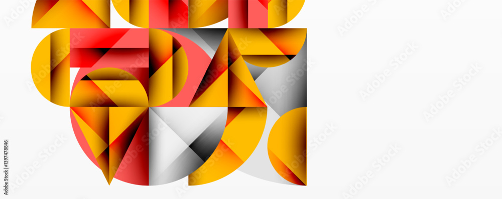 Obraz premium Abstract geometric composition. Overlapping shapes create dynamic visual effect. Warm reds, yellows contrast with cool grays, whites. Modern design element.