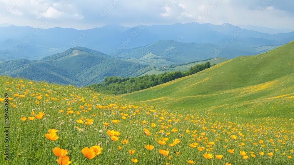 Vibrant Yellow Wildflowers on Rolling Green Hills and Blue Mountains