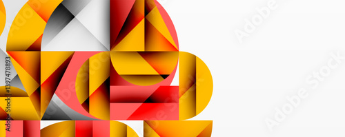 Abstract geometric composition. Overlapping shapes create dynamic visual effect. Warm colors dominate, contrasted by cool grays. Modern design element.