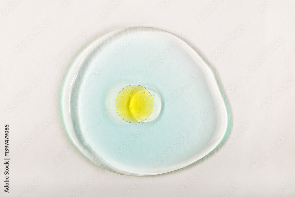 Fototapeta premium Close-up of yellow oil droplet on transparent serum drop on light background. Cosmetic or pharmaceutical product presentations. Concept of skincare or cosmetic product. Oil capsule on glass texture