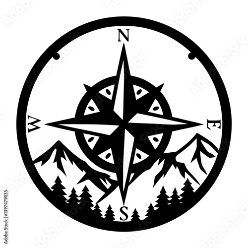 Mountain Compass Rose Design Black and White Circular Graphic Illustration