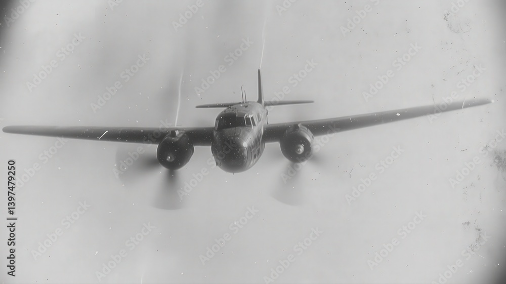 Vintage Airplane in Flight Black and White Photography