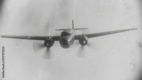 Vintage Airplane in Flight Black and White Photography