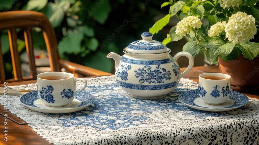 Vintage Blue and White Tea Set Displayed on Lace Tablecloth in a Sunny Garden Setting with Two Cups Filled with Fresh Tea