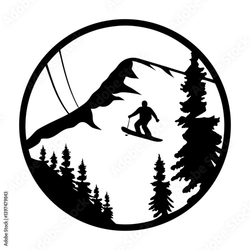 Skiing Silhouette in a Circular Mountain Landscape with Evergreen Trees