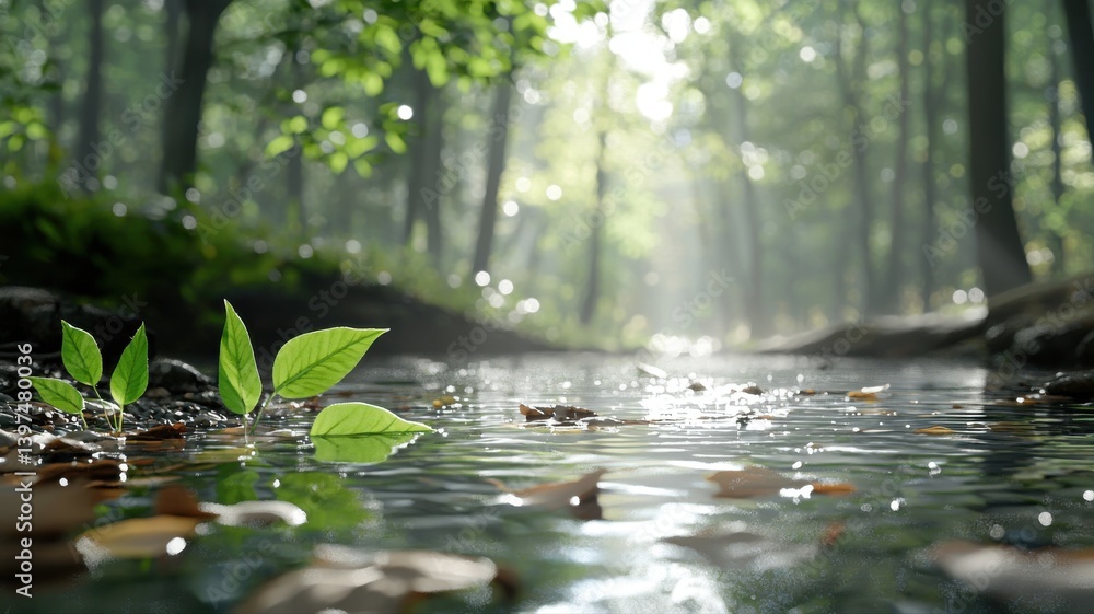 Fototapeta premium Serene forest stream with lush greenery and sunlight filtering through the trees.