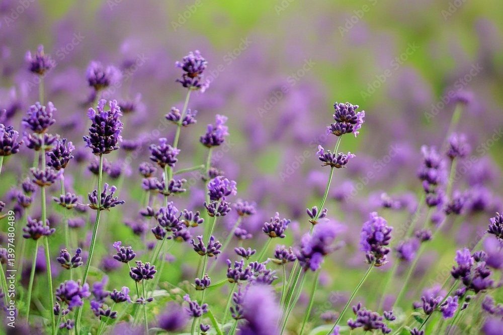Serene close-up of lush lavender field in full bloom, showcasing delicate petals and soft textures with blurred background Serene close-up of lush lavender field in full bloom, showcasing delicate petals and soft textures with blurred background