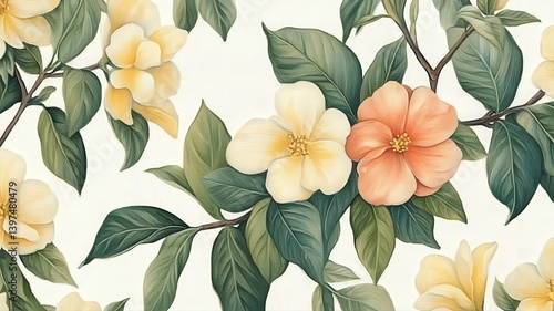 Vintage Floral Pattern with Yellow White and Coral Flowers and Green Leafy Branches on White Background