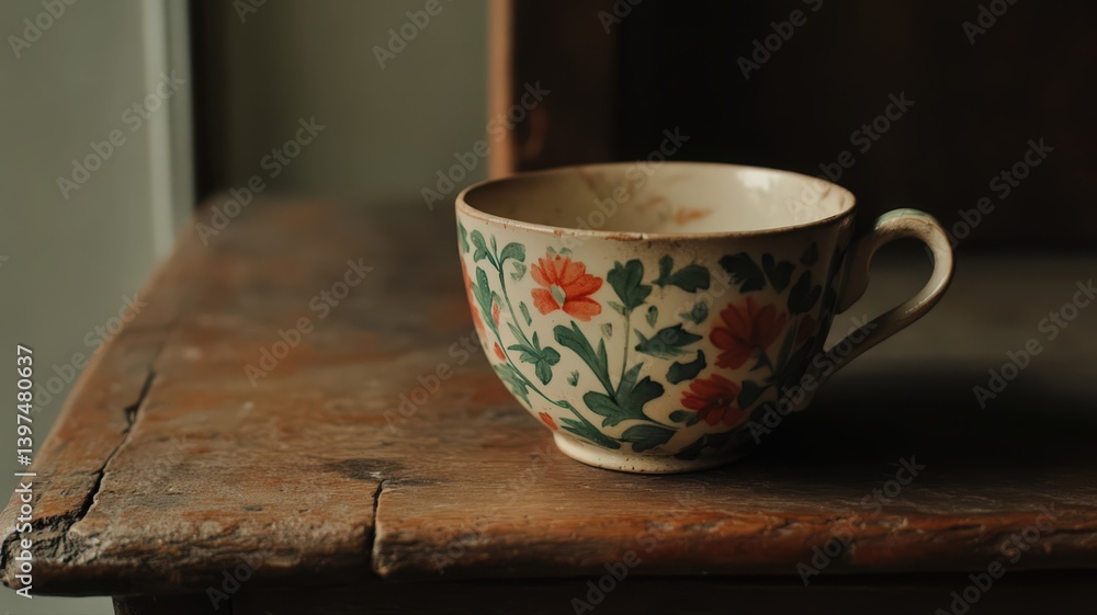 Vintage Floral Teacup on Rustic Wooden Table