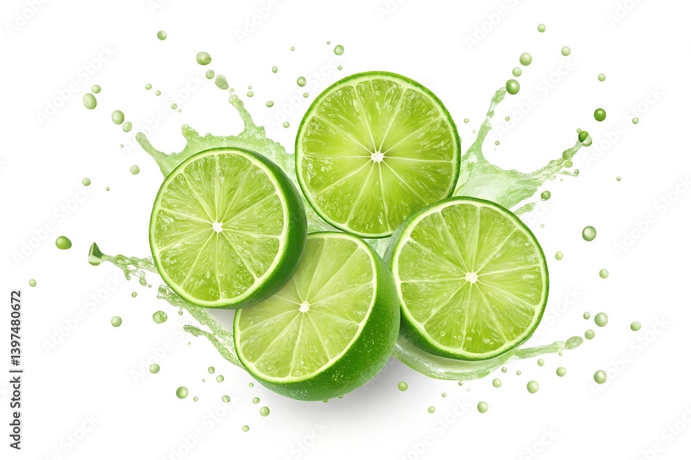 Fresh Lime Halves and Slices with Juice Splashes on a White Background Fresh Lime Halves and Slices with Juice Splashes on a White Background