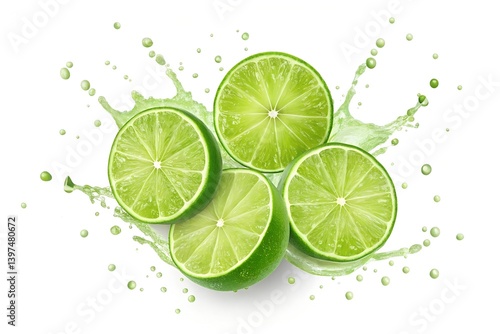 Fresh Green Lime Slices with Juice Splash on White Background
