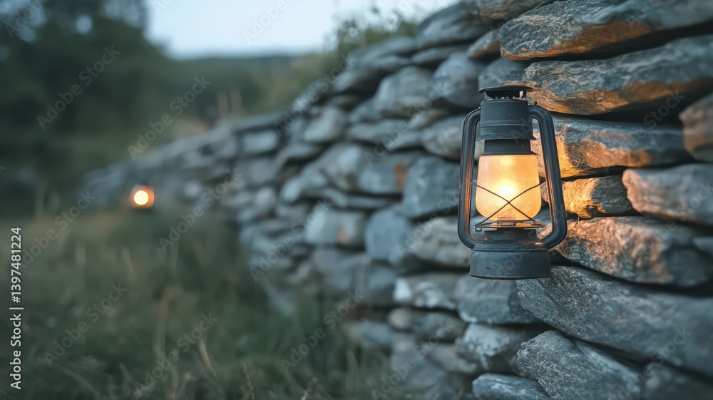 Vintage Lantern Casting Warm Glow Against Weathered Stone Wall at Dusk In Rural Setting