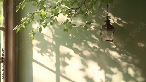 Vintage Lantern Hanging from Green Leafy Branch Casting Shadows on Light Green Wall by Window in Natural Light