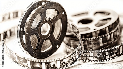 Old film reels, vintage movie memories, sepia toned, close up