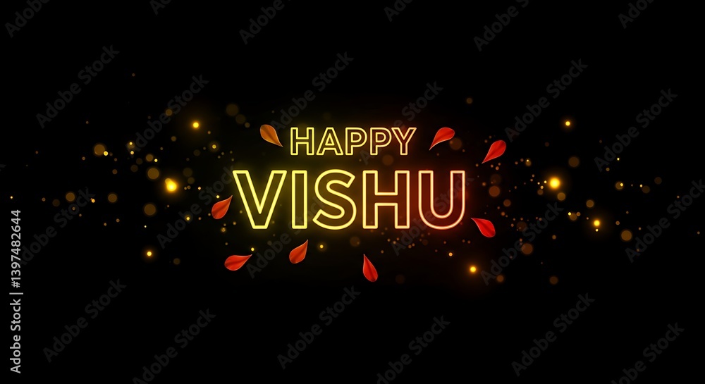 Glowing Happy Vishu Text with Petals on Dark Background. Happy Vishu minimal typography text greeting card. Vishu background for poster banner design. Glowing Happy Vishu Text with Petals on Dark Background. Happy Vishu minimal typography text greeting card. Vishu background for poster banner design.