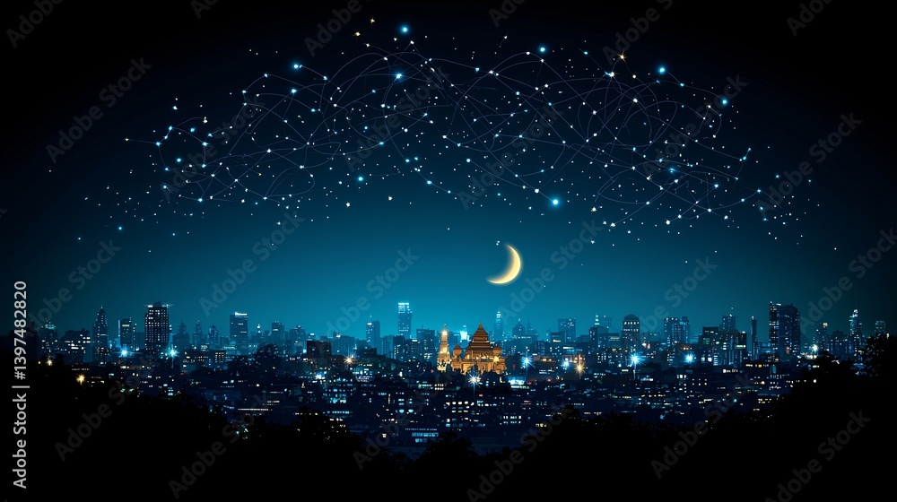 © TBC - Night city skyline, crescent moon, star connections © TBC - Night city skyline, crescent moon, star connections