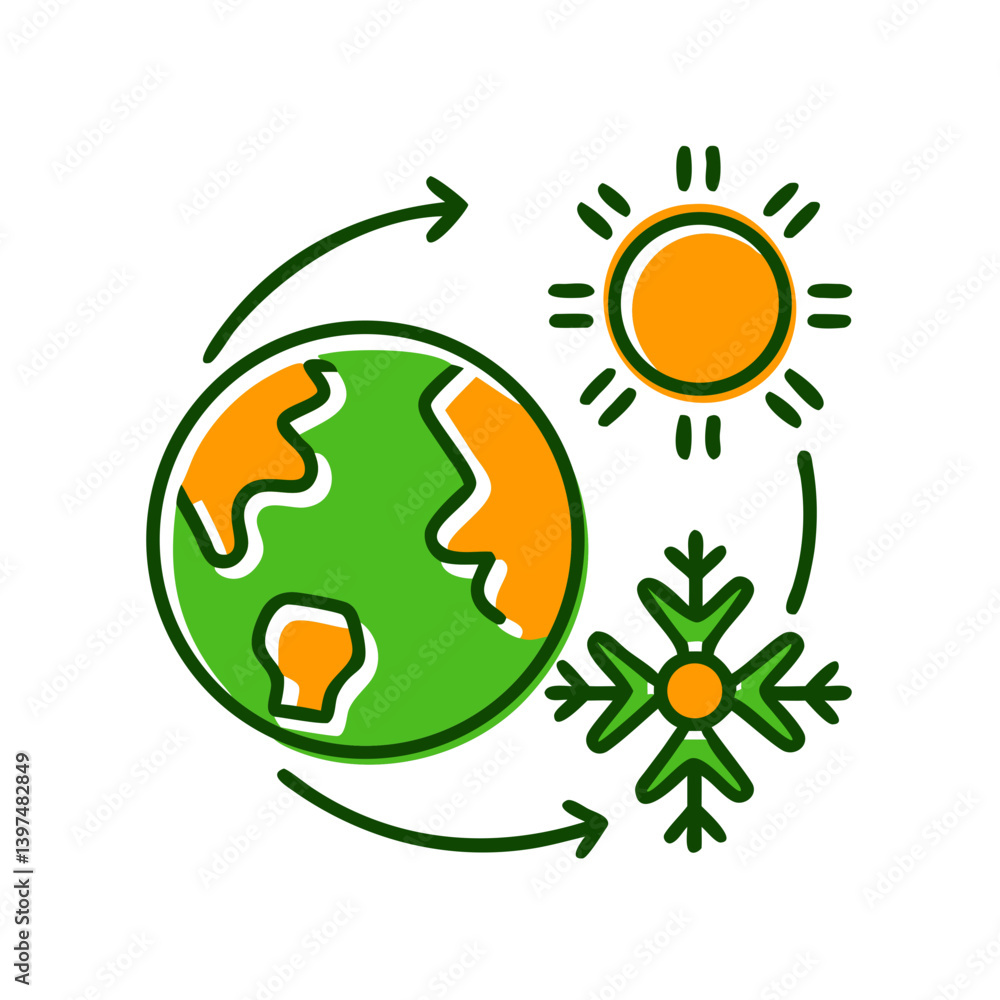 Climate Change Icon Representing Earth, Sun, and Snowflake Climate Change Icon Representing Earth, Sun, and Snowflake