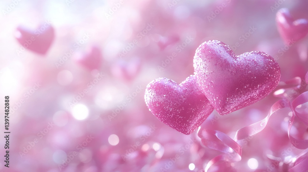 Obraz premium A Romantic Valentine's Day Hearts Background, Pink Glitter Hearts and Ribbons