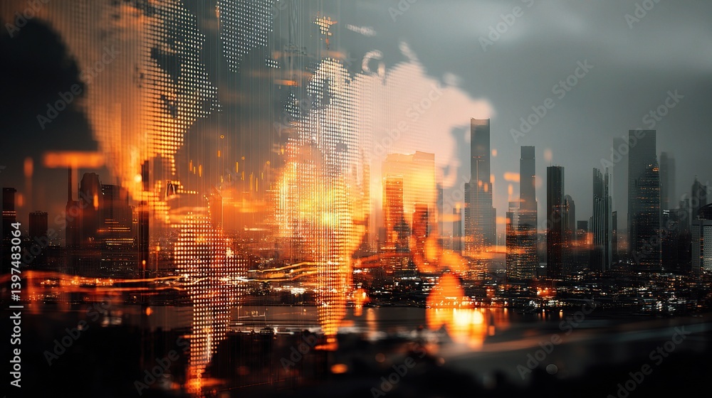 Obraz premium Futuristic City Skyline Blending with Digital Elements in Dusk