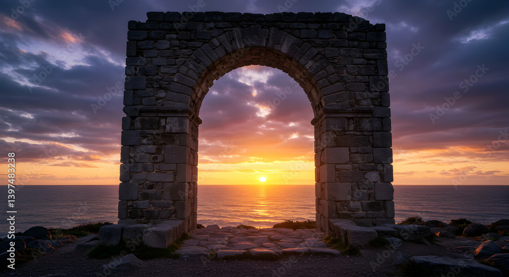 Fototapeta premium Ancient Stone Archway At Sunset Over Ocean