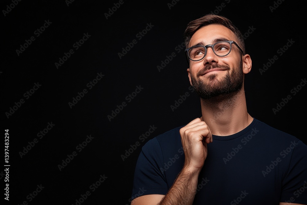 Obraz premium Creative thinking man with glasses in dark scene looking up with dreamy expression suggesting curiosity and future vision under moody lighting setup