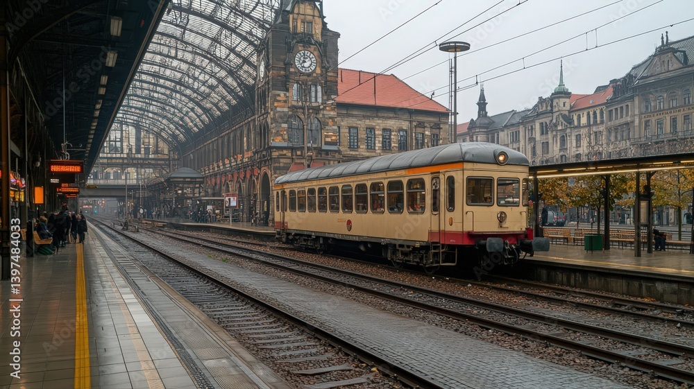 Vintage Train at a Rainy Station Platform