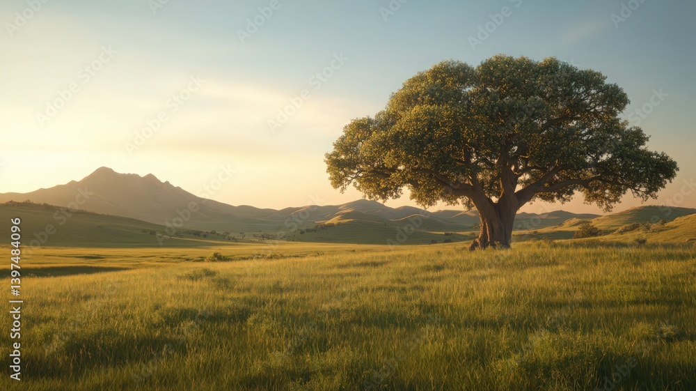 Voxel Tree Standing Tall in a Vast Green Field with Rolling Hills Under a Bright Sky Warm Sunlight and Peaceful Vistas
