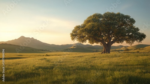 Obraz na płótnie Voxel Tree Standing Tall in a Vast Green Field with Rolling Hills Under a Bright Sky Warm Sunlight and Peaceful Vistas w salonie