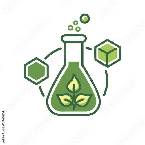 Green chemistry icon with plant and chemical symbols  