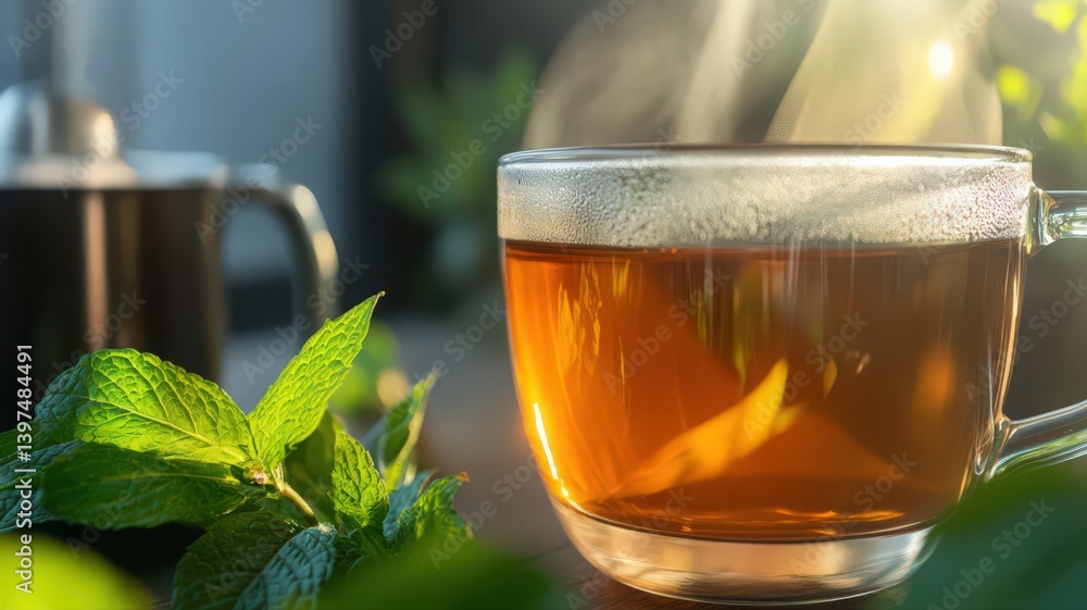 Warm Amber Tea with Fresh Mint Leaves
