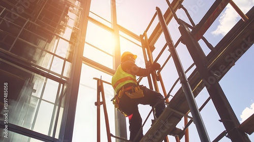 Construction worker climbing steel ladder at construction site during sunset with sunlight illuminating the surroundings and creating a dramatic atmosphere