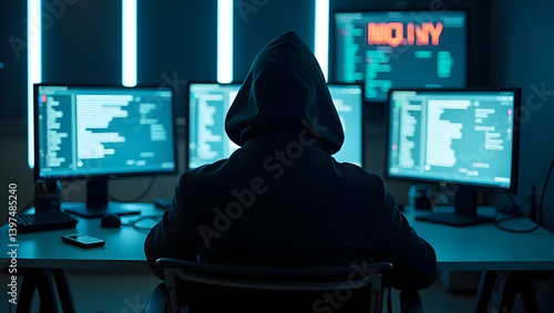Step into a high-tech hacker workspace designed for cinematic projects, digital content creation, and futuristic design needs. This realistic hacker scene features a dark and moody environment,