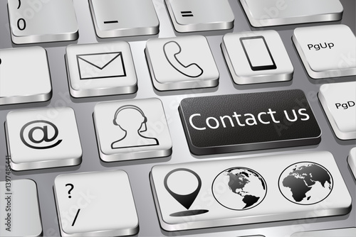 Contact us. A keyboard button with an inscription and symbols, a black key. Vector graphics.