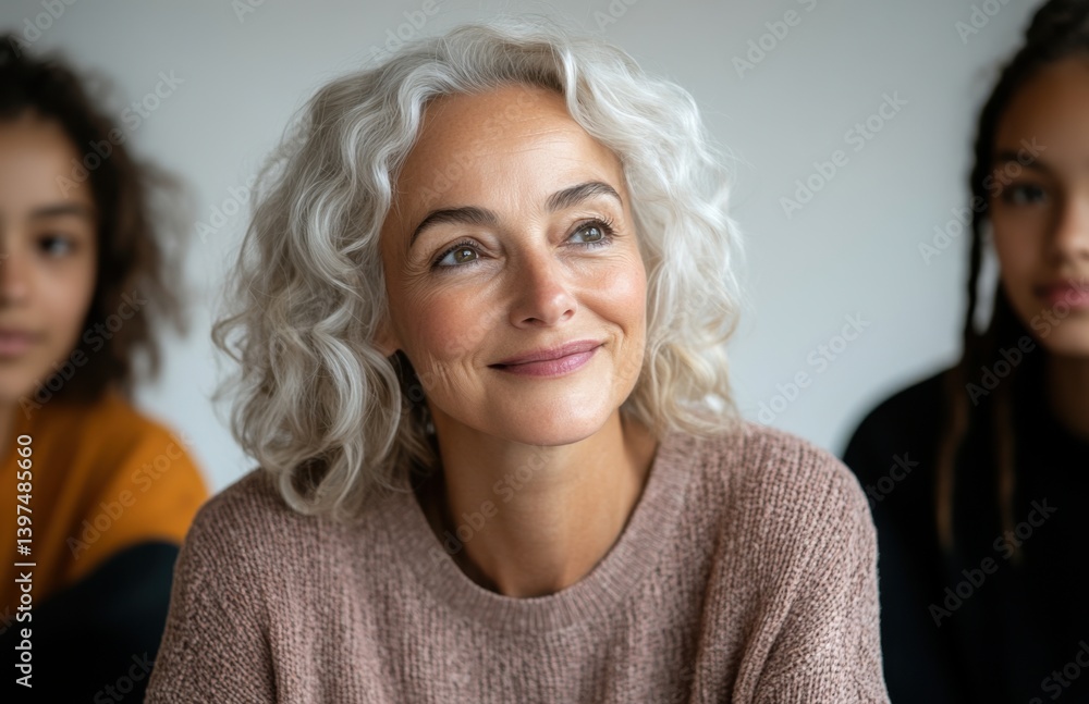 Group of women enjoying a relaxed moment together while smiling and sharing stories in a cozy indoor setting Group of women enjoying a relaxed moment together while smiling and sharing stories in a cozy indoor setting