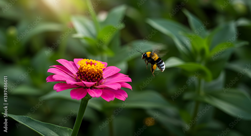 Pink Zinnia Flower With Flying Bumblebee Pink Zinnia Flower With Flying Bumblebee