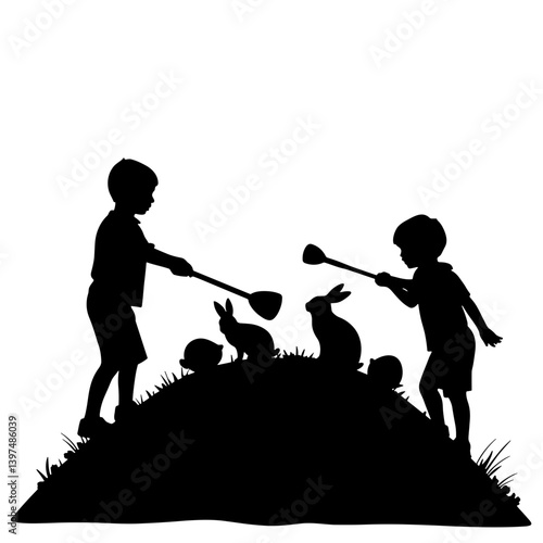 Children Playing with Bunnies in Easter Silhouette  