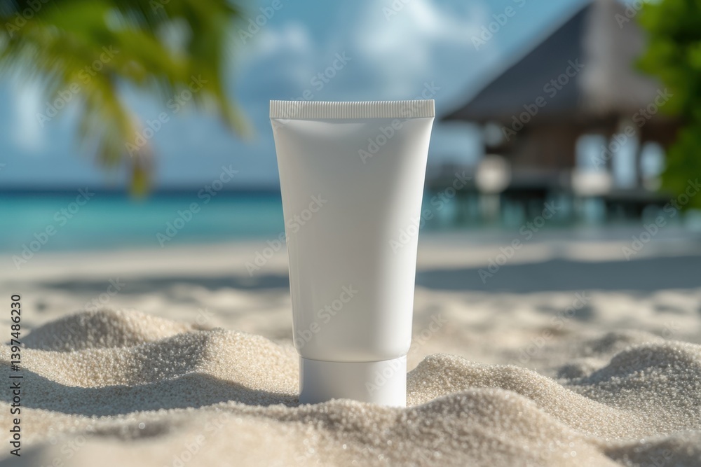 Sunlight bathes a blank cosmetic tube resting on pristine sand near a tropical beach with clear blue waters and a palm-fringed resort Sunlight bathes a blank cosmetic tube resting on pristine sand near a tropical beach with clear blue waters and a palm-fringed resort