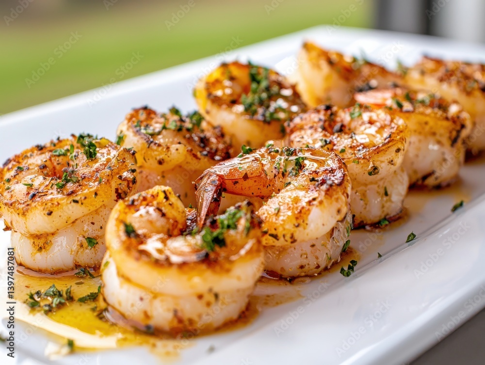 Grilled shrimp skewers served on white plate with green garnish in close-up food photograph with seafood texture and appetizing look under bright light and sharp detail presentation Grilled shrimp skewers served on white plate with green garnish in close-up food photograph with seafood texture and appetizing look under bright light and sharp detail presentation